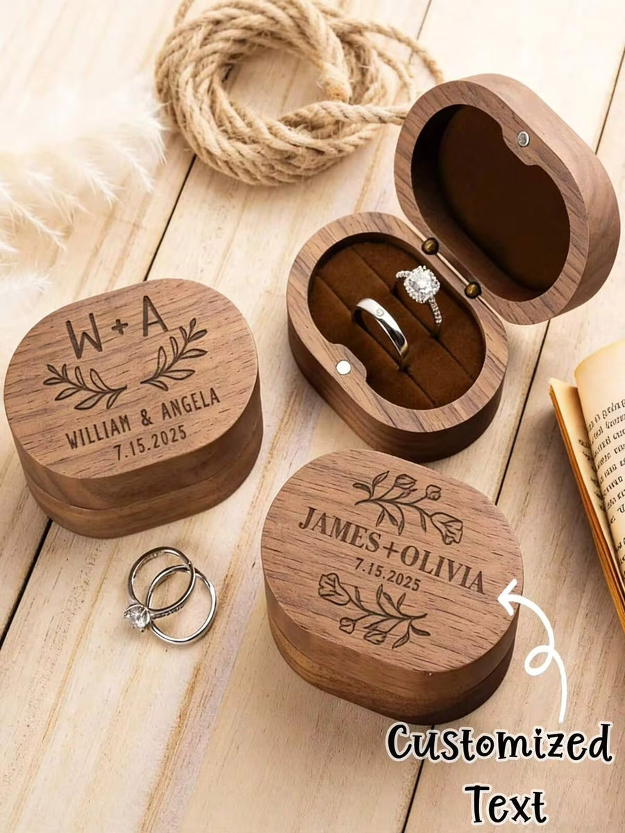CFUNIQ 1pc Wood Oval 2-Slot Custom Ring Box, Square Walnut Ring Box, Round Ring Box For Wedding Rings, Laser Engraved For Proposal, Engagement, Personalized Gift